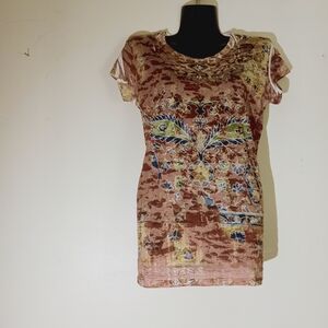 Floral  Short Sleeve Top - Rusty Brown Multicolor